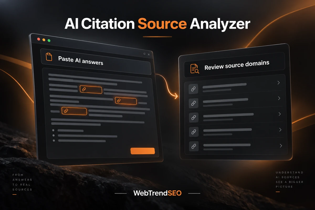 AI Citation Source Analyzer illustration showing pasted AI answers and extracted source domains.