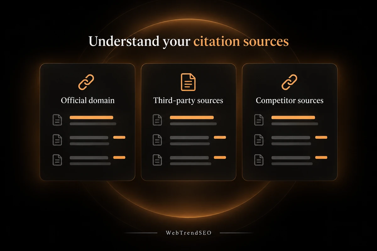 Citation research cards for official-domain, third-party, and competitor sources.