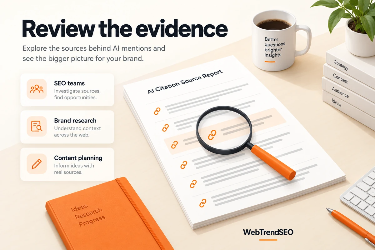 Citation source report and magnifying glass with SEO, brand research, and content planning use cases.