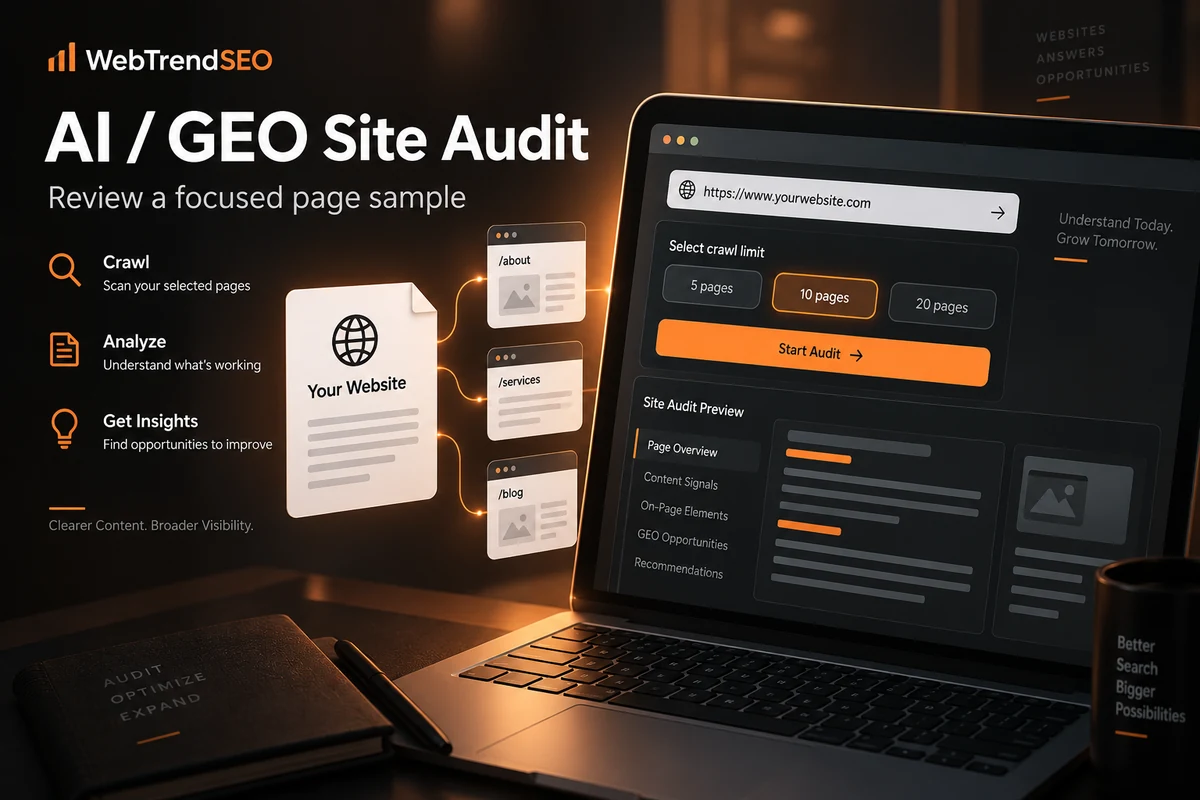 AI GEO Site Audit mockup with a website URL field and crawl limits of 5, 10, or 20 pages.