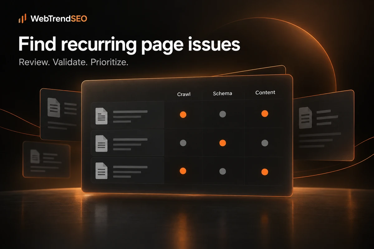 Illustrated audit matrix comparing crawl, schema, and content findings across a page sample.