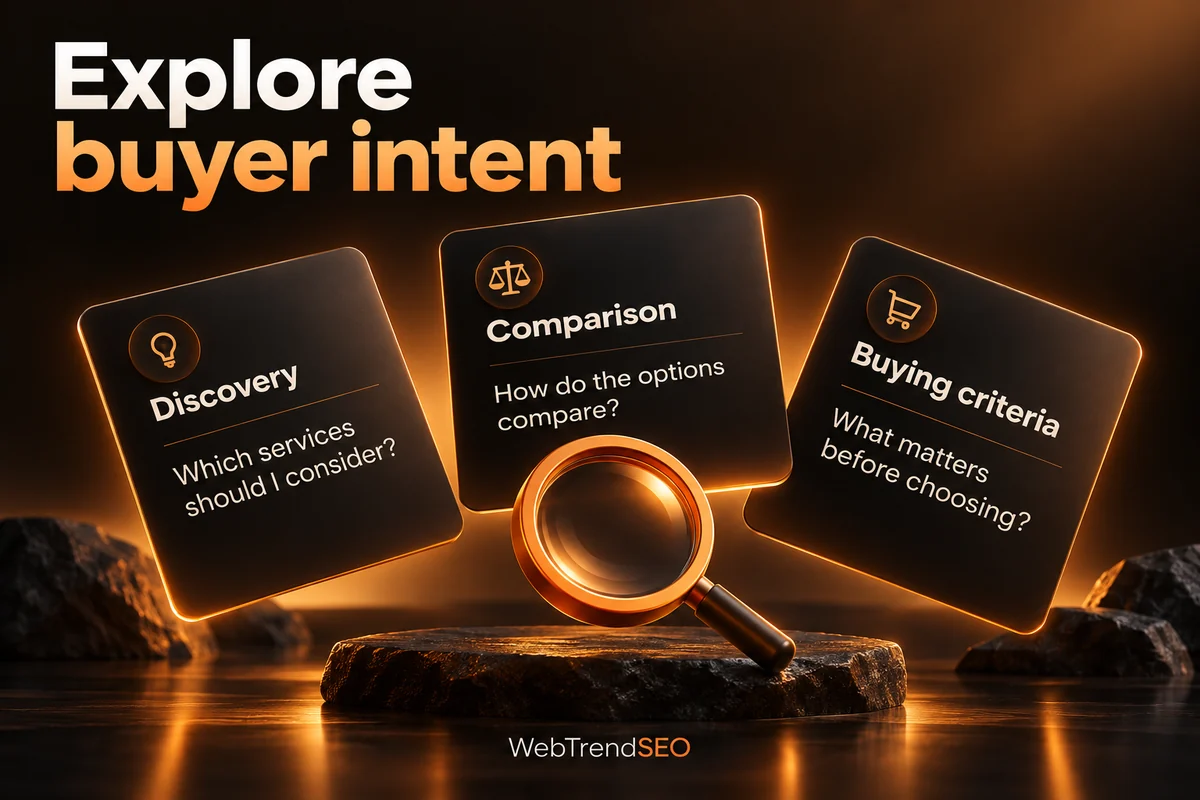 Discovery, comparison, and buying-criteria question cards for manual AI search research.