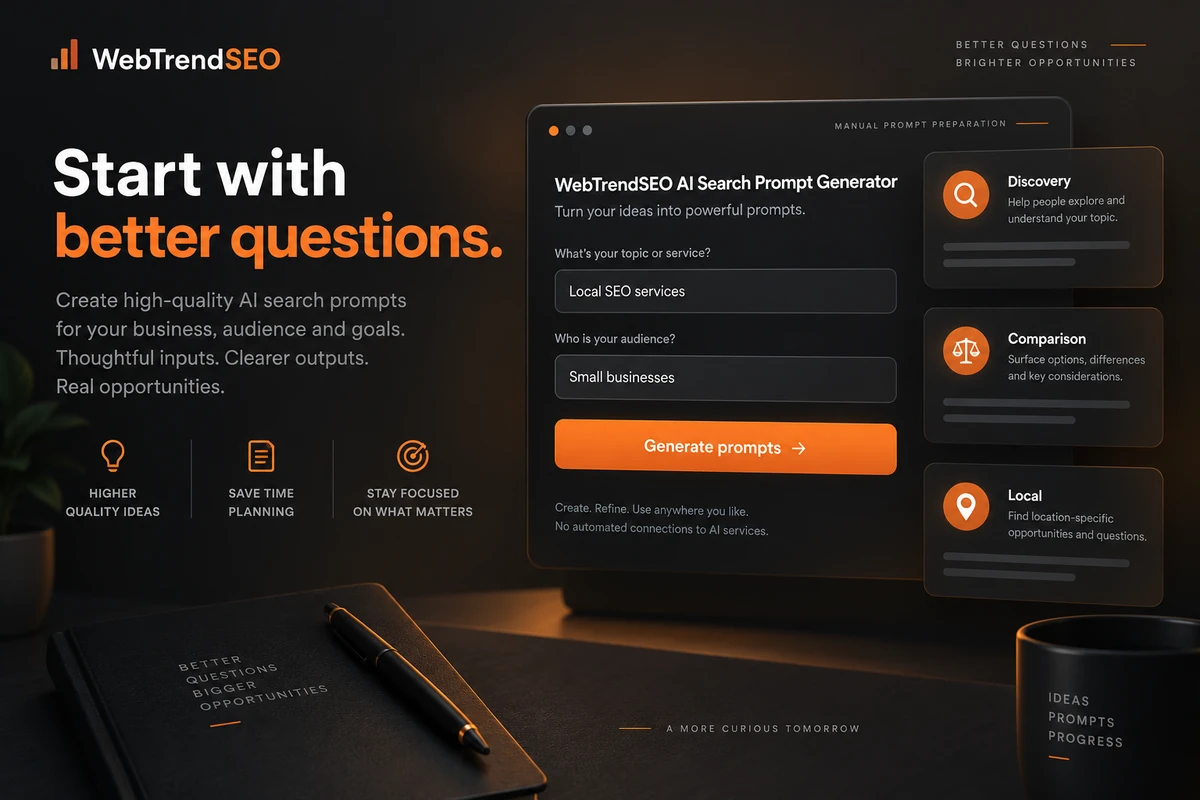 AI Search Prompt Generator mockup with category and audience inputs and discovery, comparison, and local prompt cards.