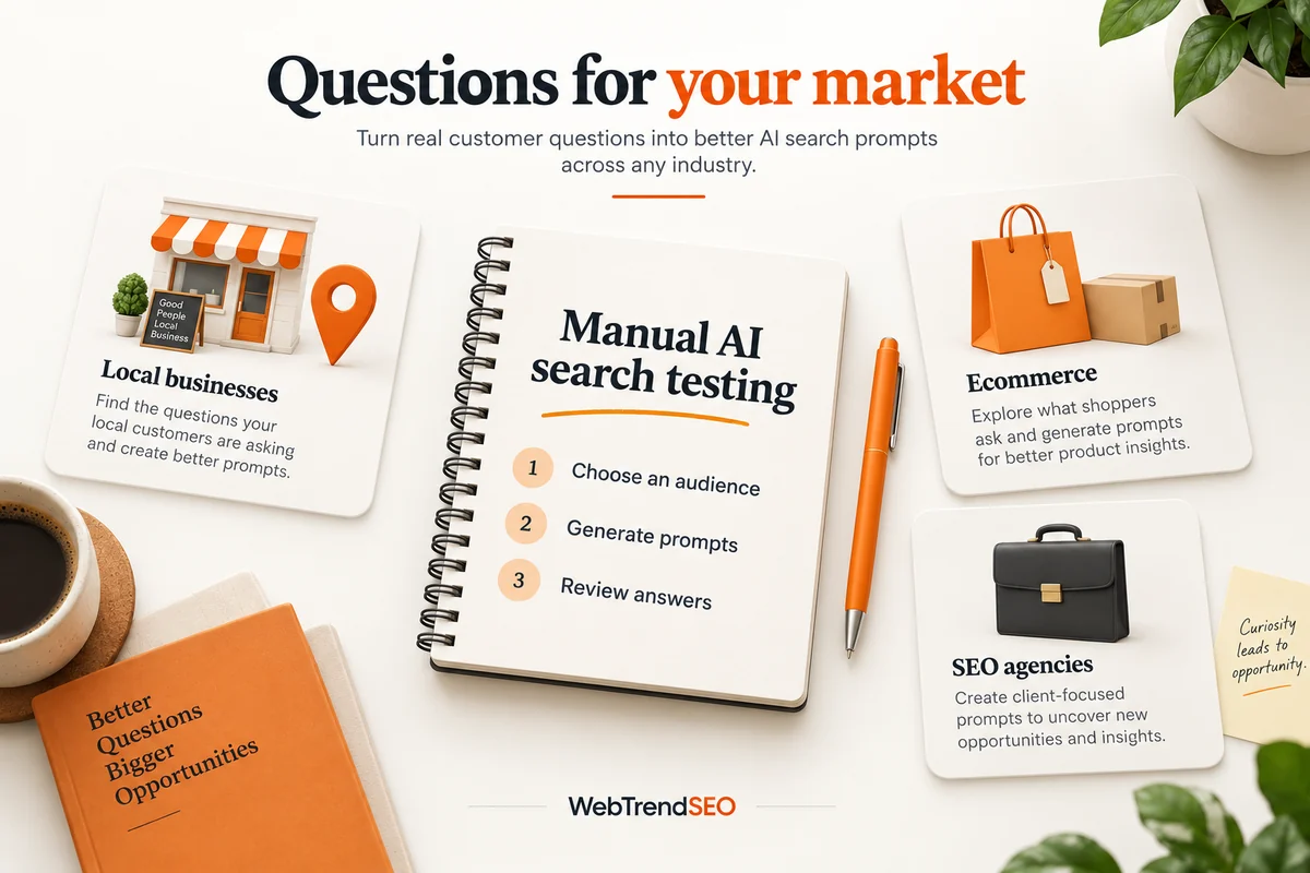 Manual AI search testing notebook with use cases for local businesses, ecommerce teams, and SEO agencies.