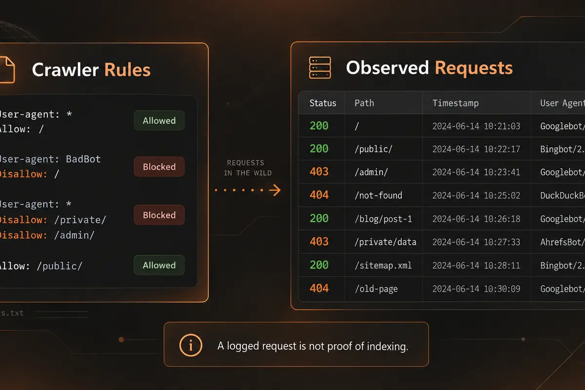 Crawler permission rules compared with observed access-log requests and status codes