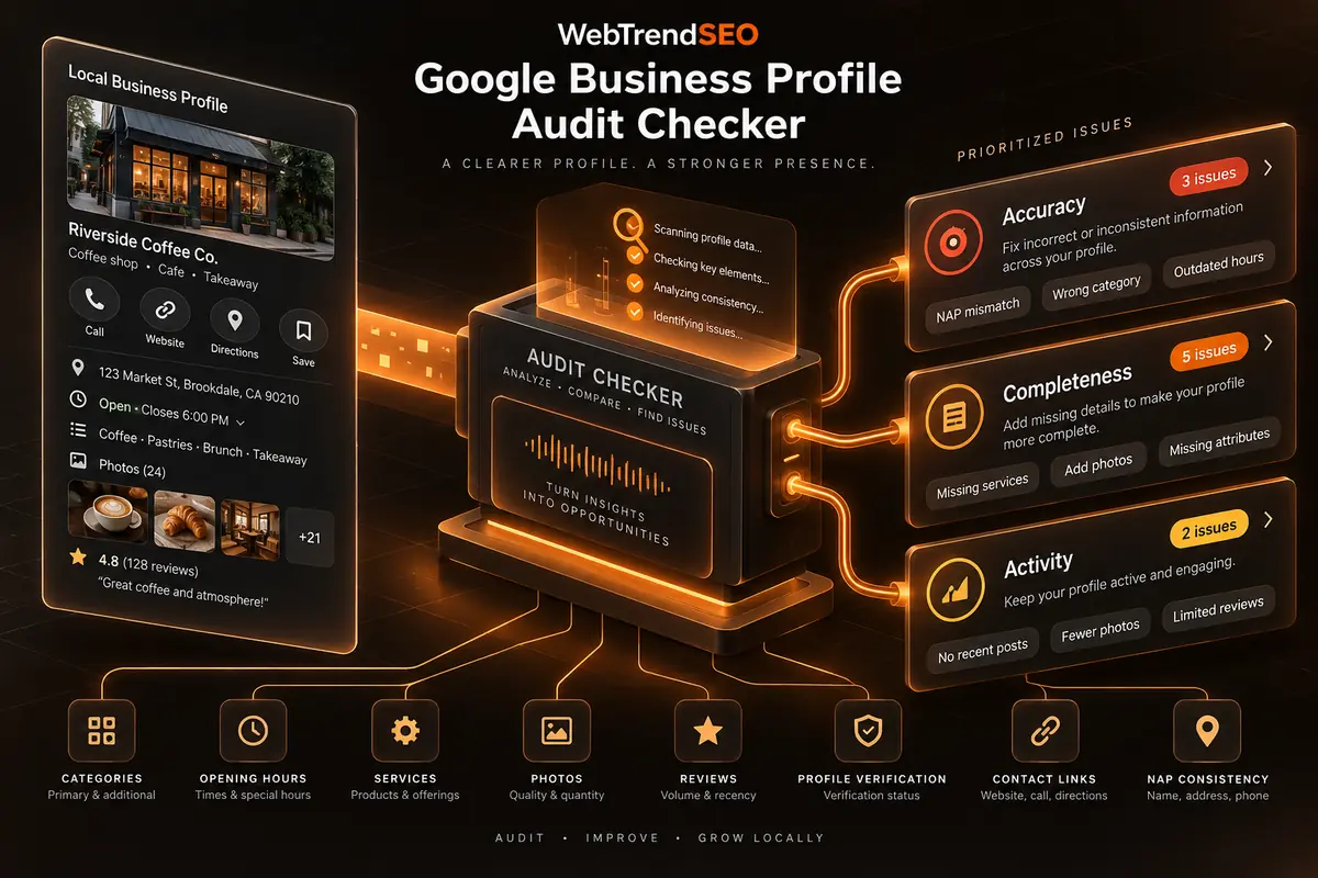 Business profile details flowing into an audit that prioritizes accuracy, completeness, and activity issues