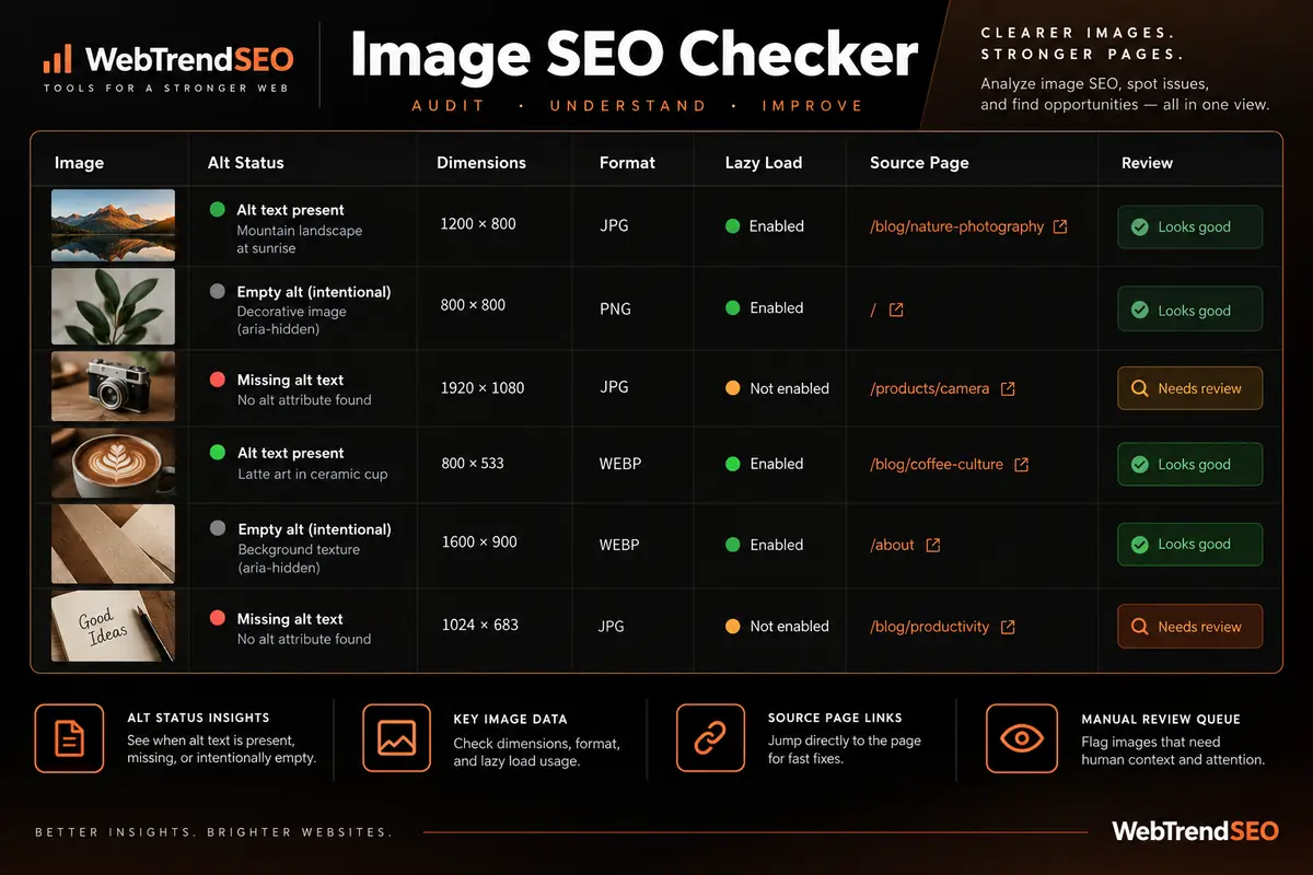 Image SEO matrix comparing alt status, dimensions, format, lazy loading, source page, and manual review needs