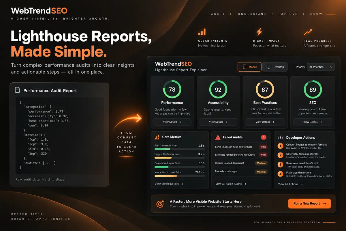 Lighthouse report dashboard explaining performance, accessibility, best practices, SEO, core metrics, and failed audits