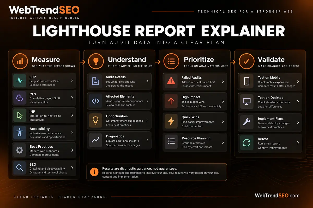 Lighthouse performance triage board for measuring, understanding, prioritizing, and validating technical findings