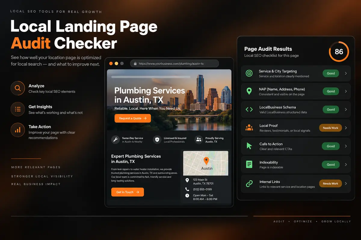 Local landing page audit dashboard reviewing key local SEO signals