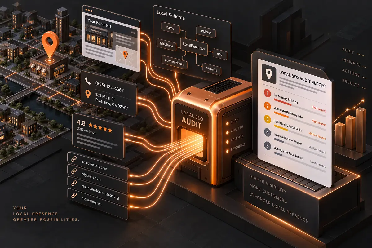 Local SEO audit workflow connecting page signals to prioritized actions