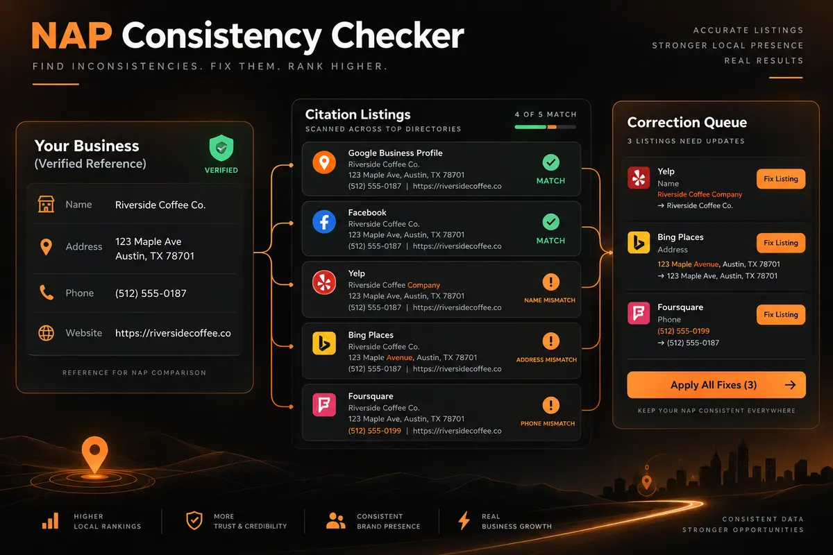 NAP consistency dashboard comparing verified business details with citation listings