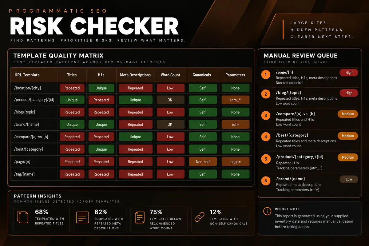 Programmatic SEO quality matrix comparing template titles, H1s, meta descriptions, word counts, canonicals, and parameters