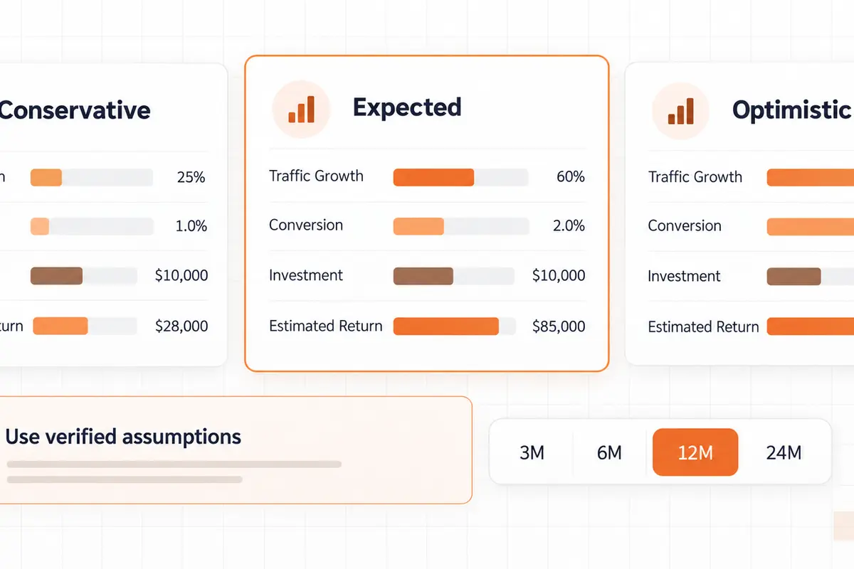 Conservative expected and optimistic SEO ROI forecast scenarios