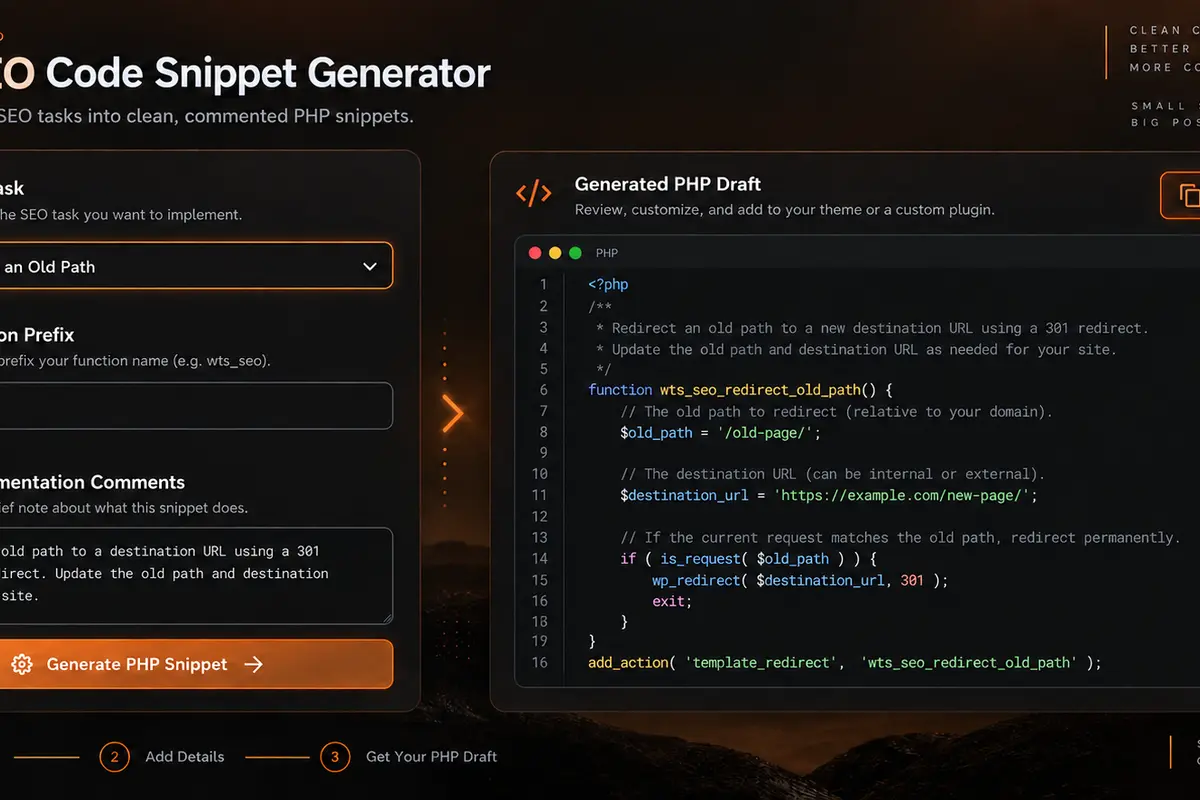 WP SEO code snippet generator dashboard with task inputs and PHP draft