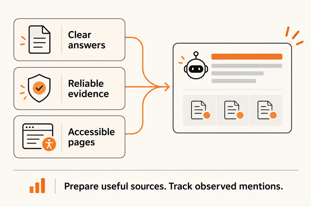 AI search readiness connecting clear answers, reliable evidence, and accessible pages with documented source observations