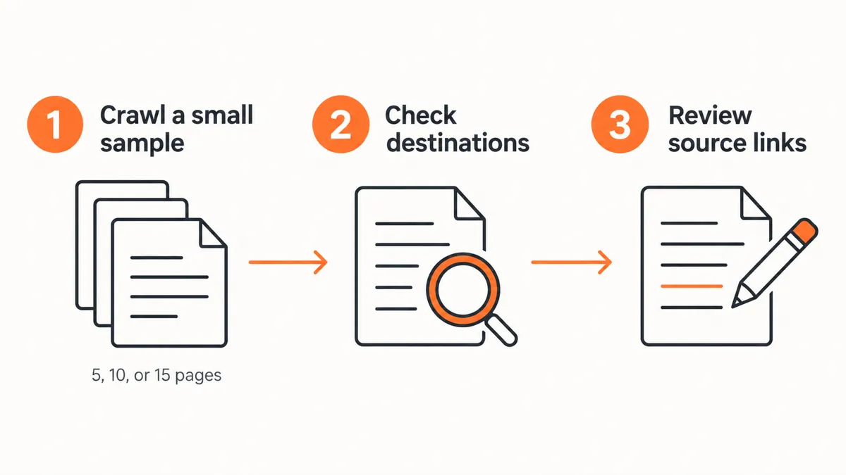 Workflow showing a small crawl, destination checks, and source-link review