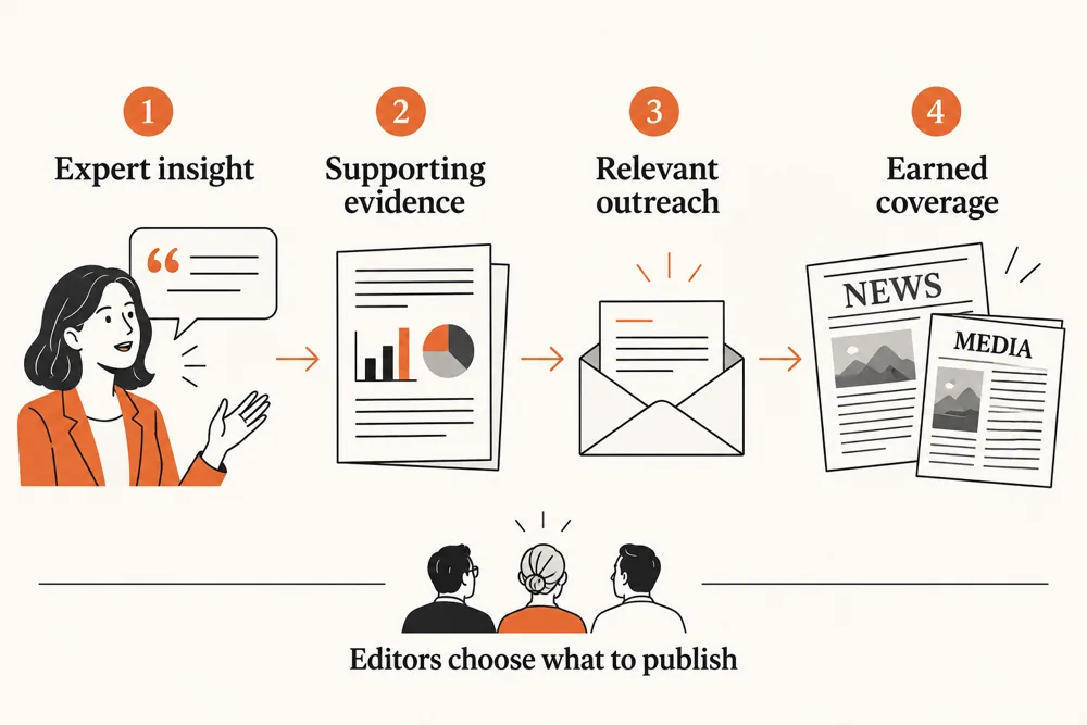 Digital PR process connecting expert insight, supported evidence, relevant outreach, and earned coverage