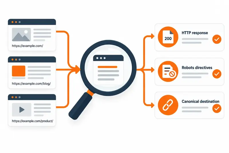 Indexability workflow: enter URLs, review indexing signals, and verify changes