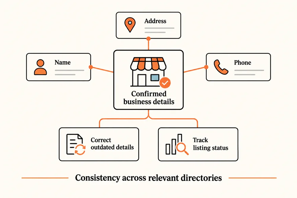Local citation building matches confirmed business name, address, and phone details across relevant directory listings