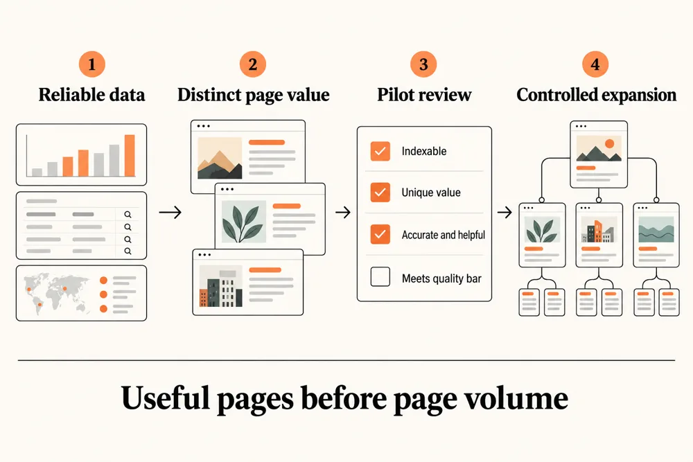 Programmatic SEO process using reliable data, distinct page value, a pilot, and controlled expansion