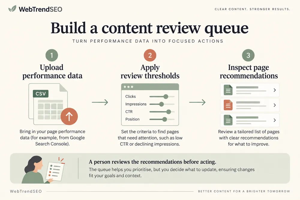 Content pruning review workflow and practical review steps