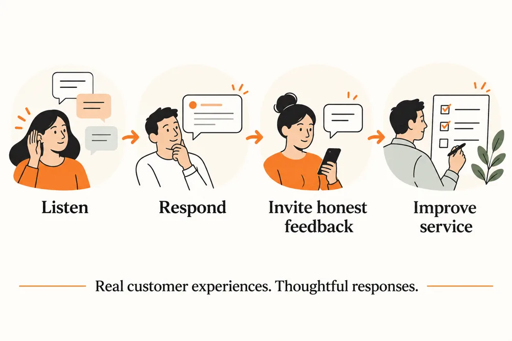 Reputation management process to listen, respond, invite honest feedback, and improve service