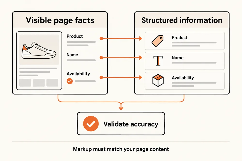 Schema process connecting visible page facts with structured data and validation