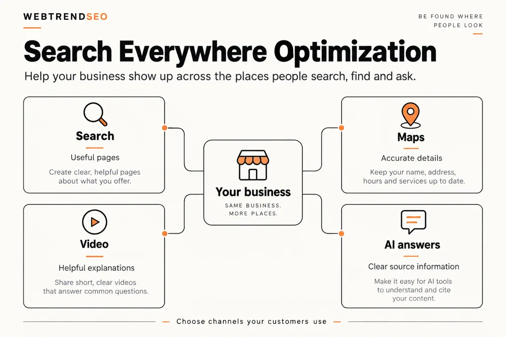 Search discovery across search engines, maps, video, and AI answers supported by useful content and accurate business details