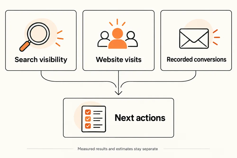 SEO reporting connects search visibility, website visits, and conversions with practical next actions