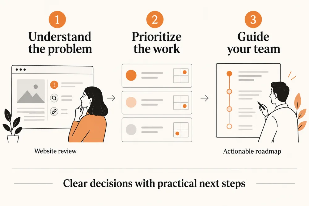 SEO consulting process to understand the problem, agree priorities, and guide the team