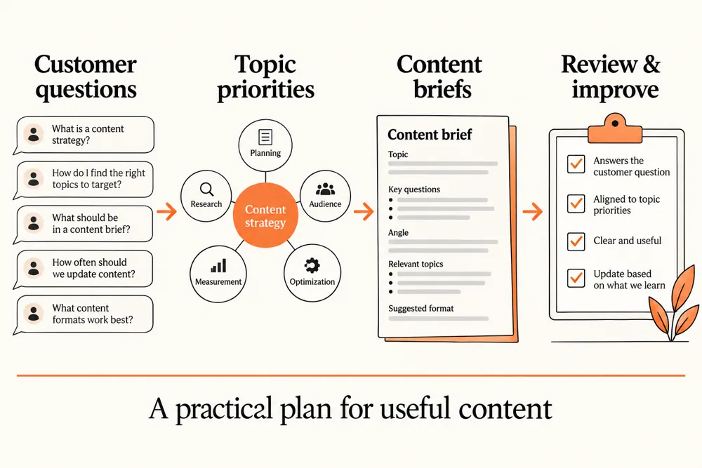 Content strategy connecting customer questions, topic priorities, content briefs, and review and improvement