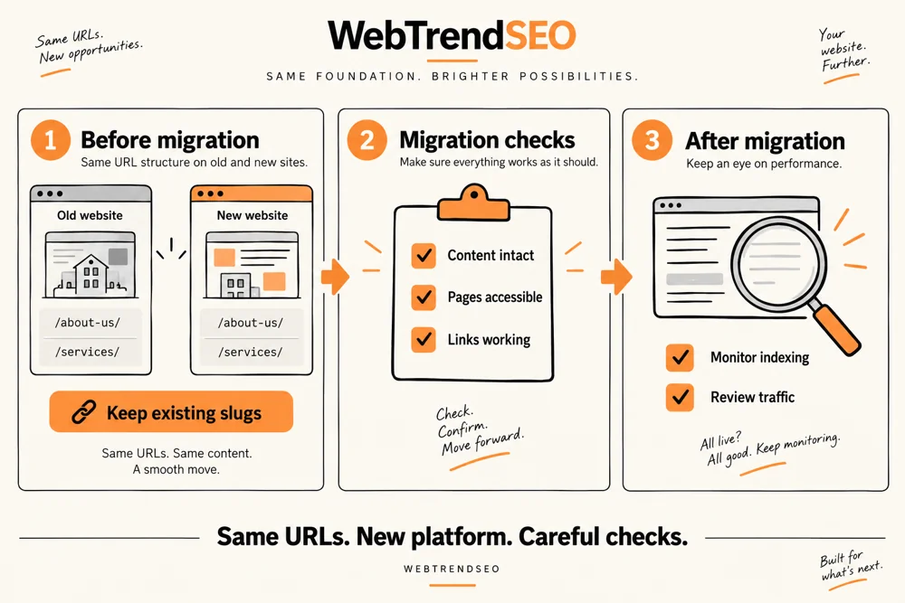 SEO migration preserving the same about-us and services URL slugs, with content, access, link, and post-migration checks