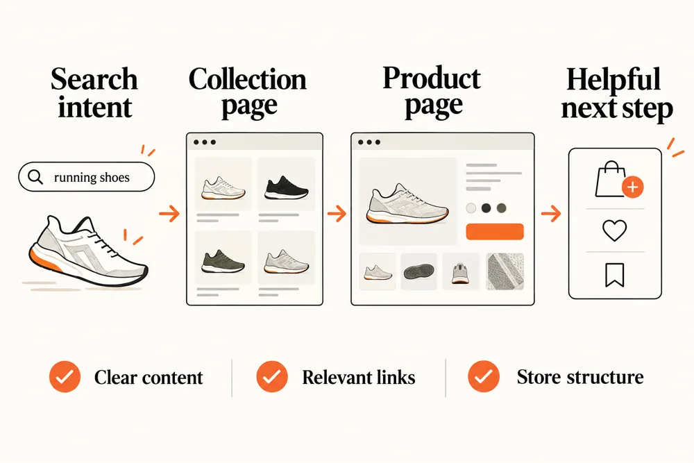 Shopify SEO journey from shopper search intent to collection pages, product information, and a useful next step