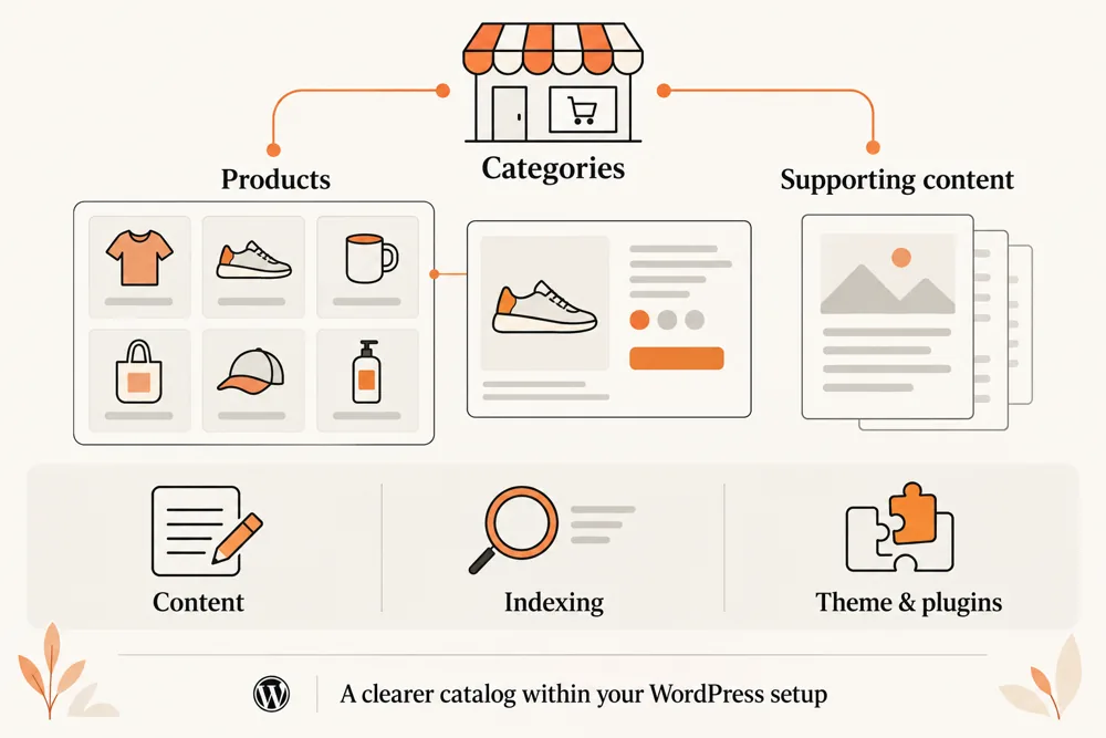 WooCommerce SEO review connecting categories, products, and supporting content with indexing and theme or plugin checks
